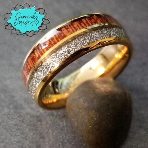 Men's Gold Meteor and Koa Wood Tungsten Wedding Ring - Wedding Ring For Him - Picture 5 of 7